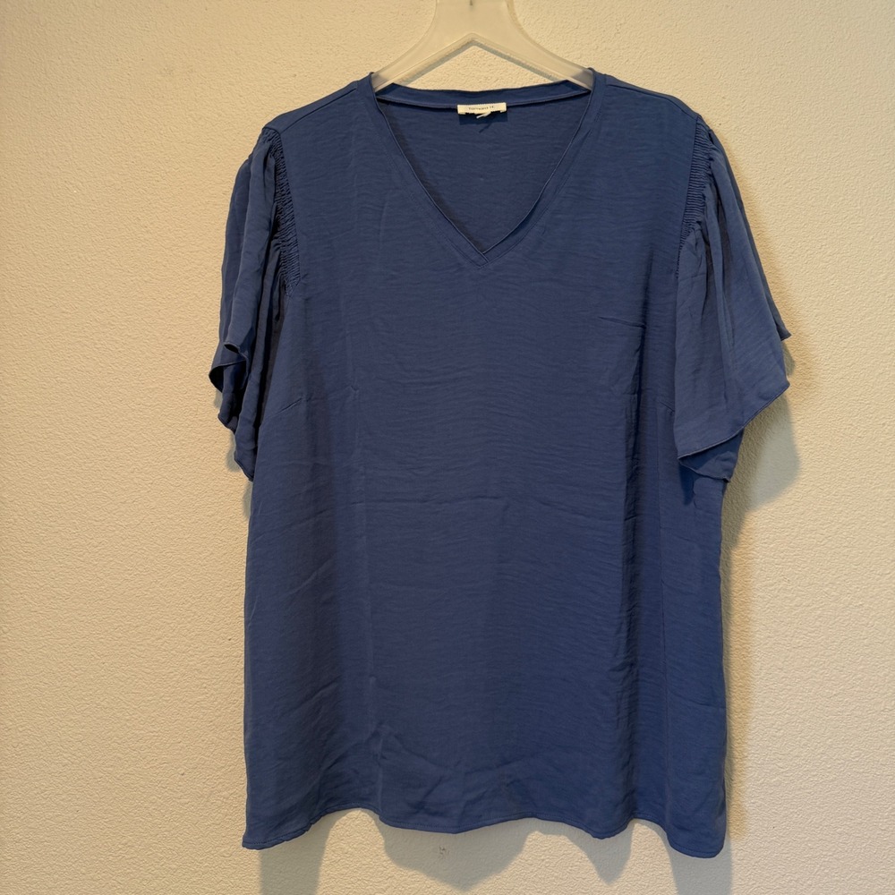 Tamara H Blue V-Neck Flutter Sleeve Smocked‎ Shoulder Blouse Top Plus Size 2X